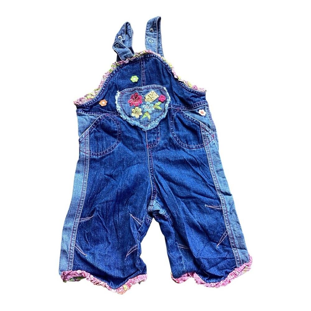 Oilily Pink Denim Jean Floral Overalls Size 2Y
